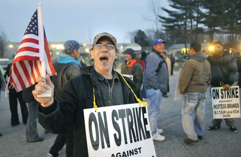 Tony Garland of Limington, who has worked at the Hostess Brands bakery in Biddeford for 28 years, marches on strike last week. Bakers’ union members agreed to meet with Hostess representatives Tuesday at the urging of a bankruptcy judge in New York.