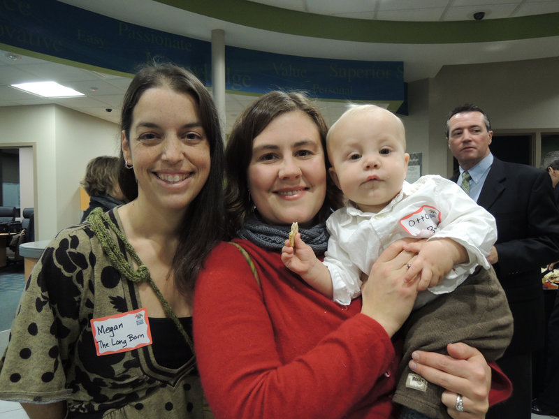 Megan Dunn and Beatrice Dahlen, co-directors of education at The Long Barn Education Initiative at Broadturn Farm, and baby Otto Dahlen, enjoying reception hors d’oeuvres. Their program received a $5,000 grant for its “farm to school” partnership with the Scarborough Public Schools.