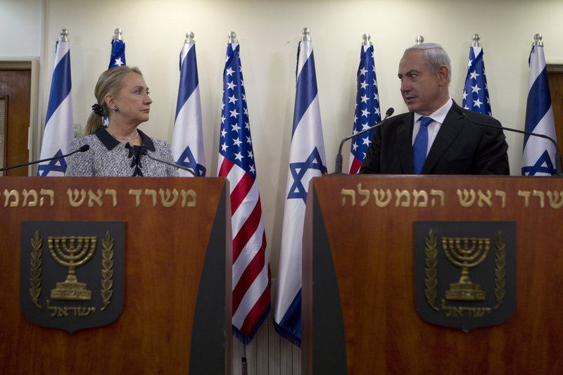 U.S. Secretary of State Hillary Rodham Clinton and Israel’s Prime Minister Benjamin Netanyahu discuss their peace efforts on Tuesday in Jerusalem.
