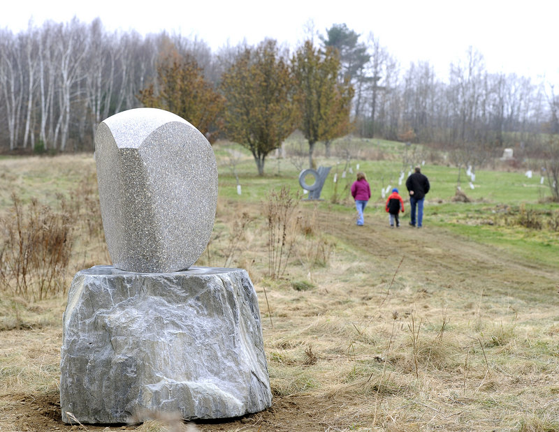 The sculpture-in-nature project at Viles Arboretum includes new stone sculptures like this one by David Sywalski. It’s call “Orbis 4.”