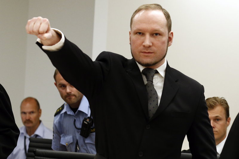 Anders Behring Breivik, shown making a salute while appearing in an Oslo court last August, is serving a 21-year sentence for killing 77 people.