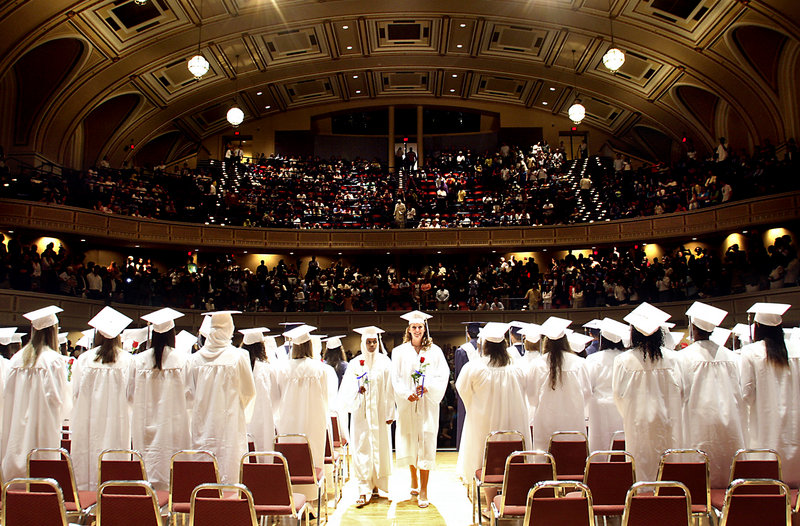 This June 2008 file photo shows the Portland High School graduation at Merrill Auditorium at City Hall in Portland. Maine's high school graduation rate ranks 10th in the nation, according to the first data released by the U.S. Department of Education that uses the same standard for all states.