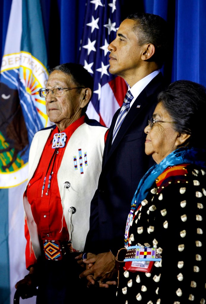 President Obama, Crow tribal elder Hartford “Sonny” Black Eagle Jr. and his wife, Mary Black Eagle, appear at the White House Tribal Nations Conference last December.