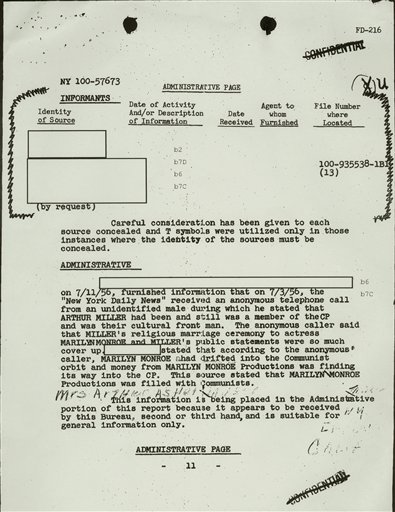 This file copy of a document, obtained by The Associated Press through the Freedom of Information Act, from playwright Arthur Miller's FBI file, shows an FBI report stating, that "the New York Daily News received an anonymous telephone call" on July 3, 1956. The caller, "an unidentified male," stated that "Arthur Miller had been and still was a member of the CP (Communist Party) and was their cultural front man" and that (his wife) "Marilyn Monroe" also "had drifted into the Communist orbit." The file revealed that Miller had been the subject of FBI surveillance for a long time.