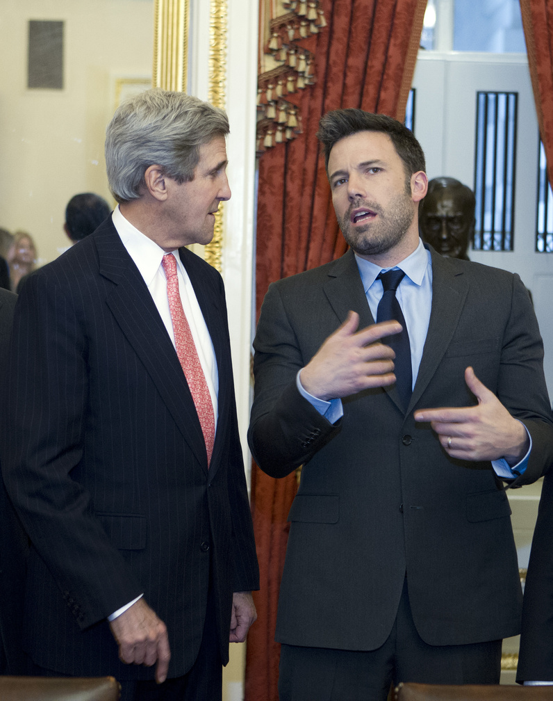 Sen. John Kerry, D-Mass., speaks with actor Ben Affleck, who testified about the Congo on Wednesday.