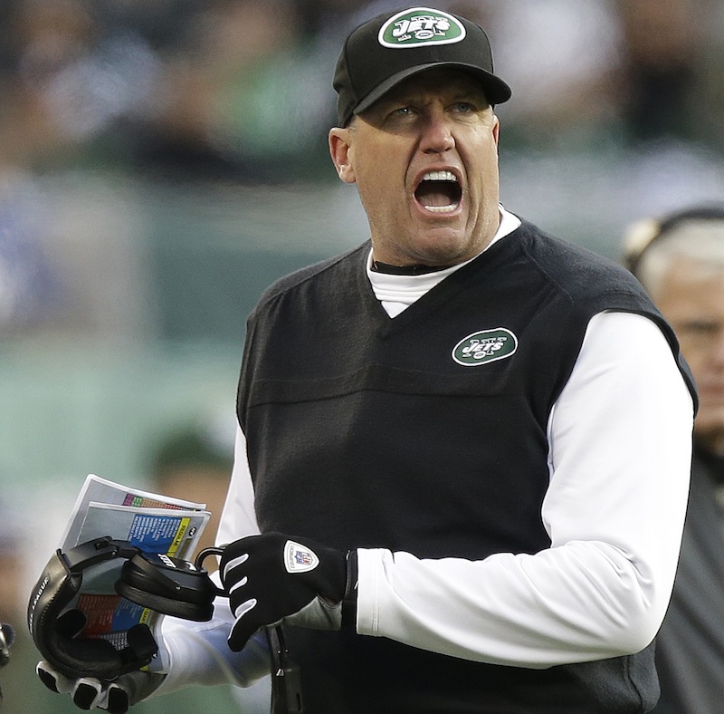 New York Jets head coach Rex Ryan reacts during the second half of an NFL football game against the San Diego Chargers, Sunday, Dec. 23, 2012, in East Rutherford, N.J. (AP Photo/Kathy Willens) NFLACTION12;