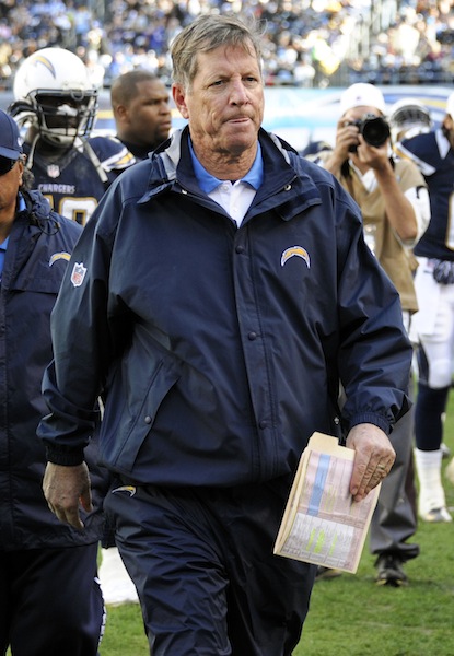 In this Dec. 30, 2012, file photo, San Diego Chargers head coach Norv Turner leaves the field at the end of the first half of an NFL football game against the Oakland Raiders in San Diego. The Chargers fired Turner and general manager A.J. Smith on Monday, Dec. 31, after missing the playoffs for the third straight season. (AP Photo/Denis Poroy) Qualcomm Stadium