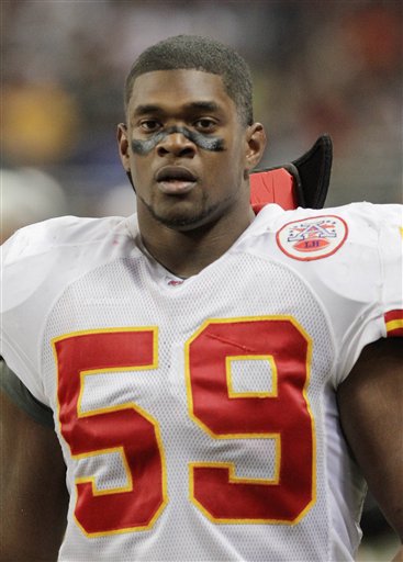 In this Dec. 19, 2010, file photo, Kansas City Chiefs linebacker Jovan Belcher. Police say Belcher fatally shot his girlfriend early Saturday, Dec. 1, 2012, in Kansas City, Mo., then drove to Arrowhead Stadium and committed suicide in front of his coach and general manager. (AP Photo/Seth Perlman)