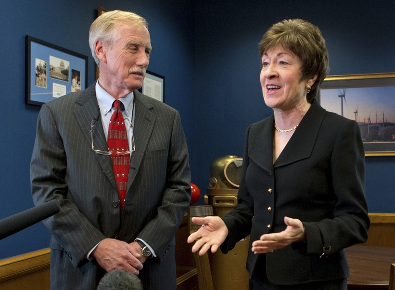 Independent Sen.-elect Angus King meets with Republican Sen. Susan Collins on Capitol Hill last month. The two senators representing Maine next year could find themselves on opposite sides of filibuster reform.