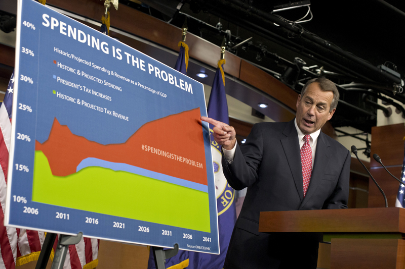 House Speaker John Boehner of Ohio points to a chart to emphasize his talking point that government spending complicates negotiations on avoiding the so-called "fiscal cliff" during a news conference on Capitol Hill in Washington Dec. 13.