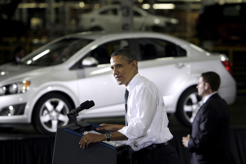 President Obama speaks last year at General Motors’ Orion assembly plant in Orion Township, Mich., where the government’s bailout played well among voters.