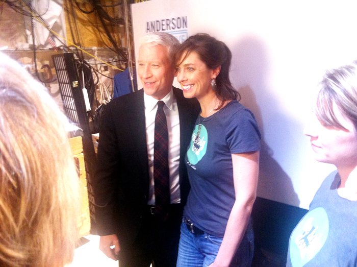 TV host Anderson Cooper and Leigh Kellis, who owns the Holy Donut in Portland, during a taping of the "Anderson Live" show in New York City. The show featuring Kellis and her doughnuts airs at 3 p.m. Monday.
