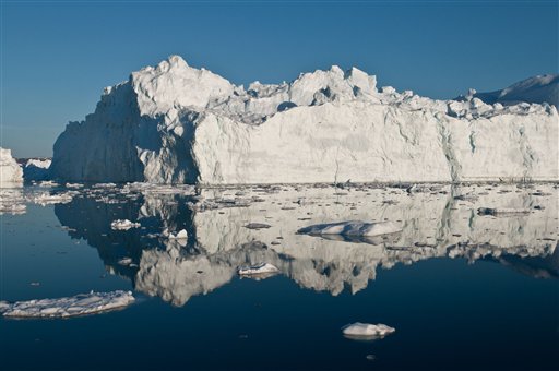 This iceberg calved recently in the Ilulissat fjord west of Greenland. Polar ice sheets are now melting three times faster than in the 1990s.