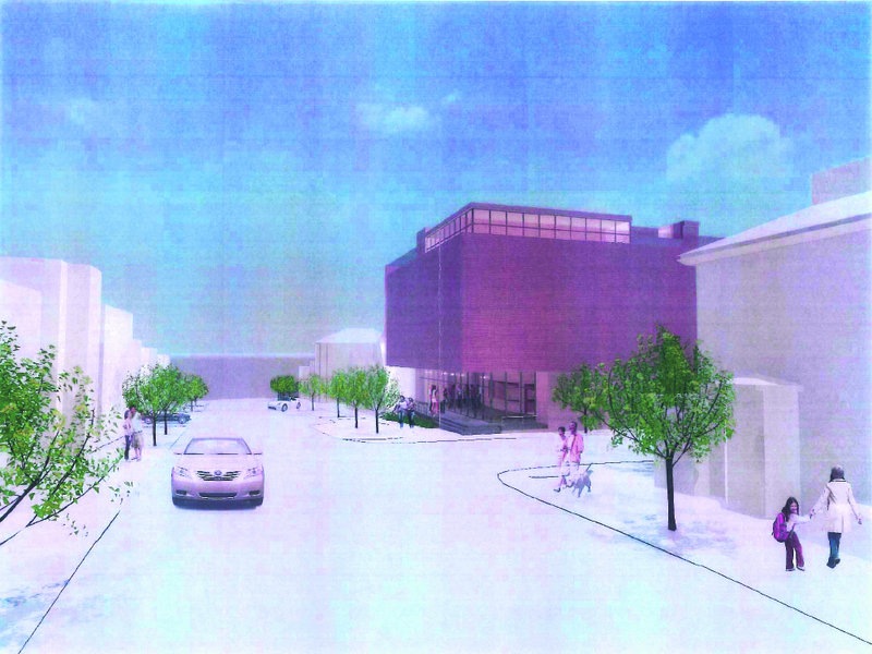 This earlier design, presented to the city's Historic Preservation Board on December 12, shows a 54-foot tall structure with metal siding proposed by the Friends of the St. Lawrence Church.