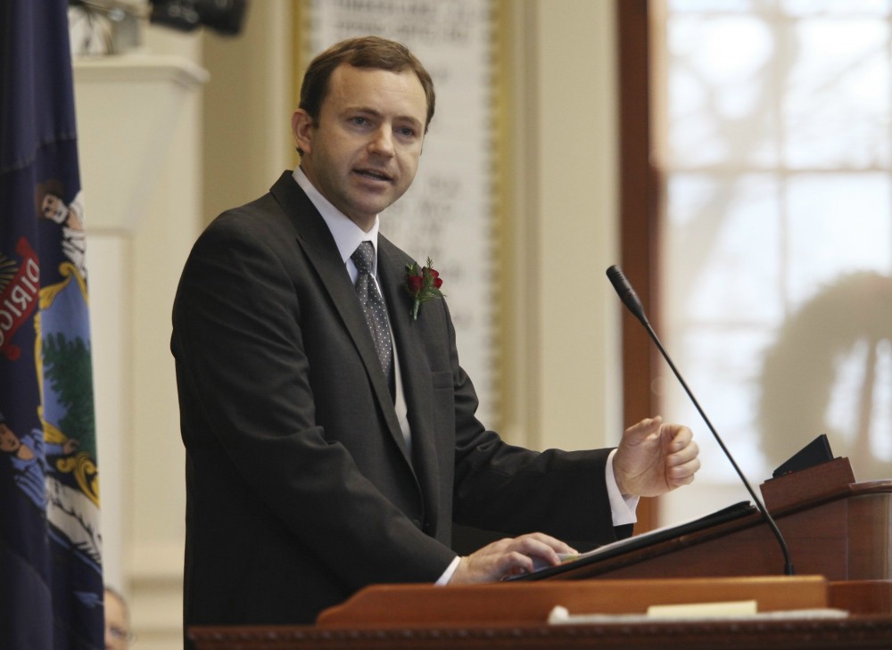 Newly-elected Speaker of the House Mark Eves of North Berwick, speaks Wednesday, Dec. 5, 2012 at the swearing in ceremony for new representatives at the State House in Augusta, Maine. (AP Photo/Joel Page)