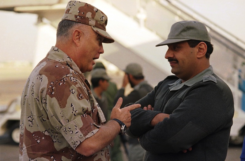 Gen. Norman Schwarzkopf, then commander of U.S. forces in the Gulf, left, confers with Saudi Arabian Lt. Gen. Khalid Bin Sultan, commander of multinational forces in the area, in Riyadh in 1990.