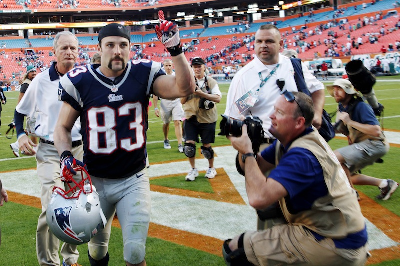 New England Patriots wide receiver Wes Welker (83) gestures to fans as he leaves the field after their 23-16 win in an NFL football game, Sunday, Dec. 2, 2012, in Miami. Welker tied Jerry Rice's NFL record by making at least 10 receptions for the 17th time. He had 12 catches for 103 yards and a score. (AP Photo/Wilfredo Lee) NFLACTION12;