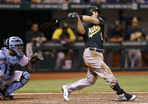 An Aug. 23, 2012, photo of then-Oakland Athletics' Stephen Drew batting in front of Tampa Bay Rays catcher Jose Molina during a game in St. Petersburg, Fla.