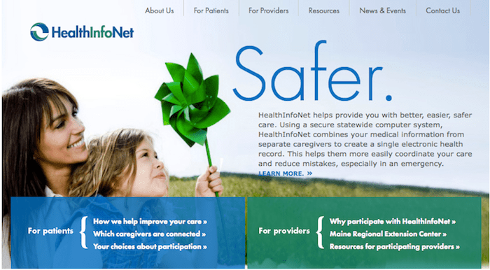 A screenshot of HInfoNet.org, a secure website that links 27 of Maine's 39 hospitals and 294 physician practices across the state.
