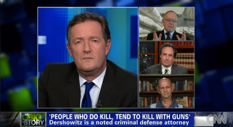 A screen shot from an August episode of "Piers Morgan Tonight" on CNN discussing gun control following mass shootings at a Wisconsin Sikh temple and a Colorado movie theater. Tens of thousands of people have signed a petition calling for British CNN host Piers Morgan, left, to be deported from the U.S. over his gun control views. From top to bottom on right: Lawyer Alan Dershowitz, anti-gun-laws advocate David Kopel and writer Dan Baum, author of "Gun Guys."