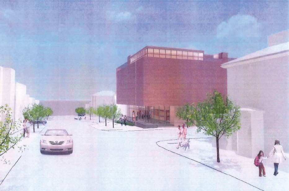 This architect’s rendering shows a 54-foot tall structure with metal siding proposed by the Friends of the St. Lawrence Church.