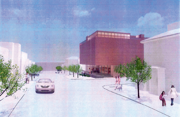 This architect’s rendering shows a 54-foot tall structure with metal siding proposed by the Friends of the St. Lawrence Church.