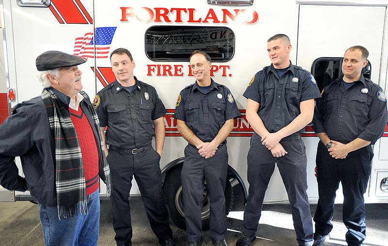 Robert Nannay, left, from Old Orchard Beach visited Portland firefighters at Ladder 3 on Saturday to thank them for saving his life last Oct. From L to R. are Lt. John Hendricks, firefighters Ralph Munroe, Ryan Walsh and Wendell Howard.