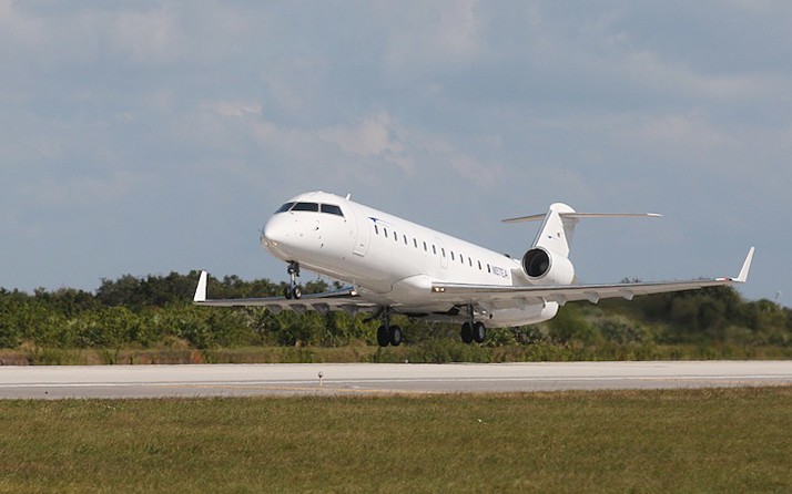 Elite Airways' currently uses two 50-seat CRJ-200 regional jets like this to operate charter flights for college sports teams. The airline is hoping to add a 70-seat regional jet and a Boeing jet, either a 737 or 757.