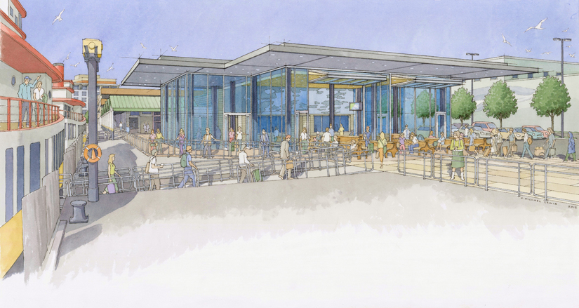 An artist's rendering of the exterior of the new waiting room, which will be twice the size of the existing waiting room and allow passengers to watch the boats come and go.