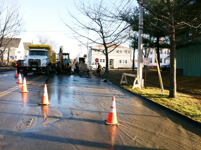 Scene of water main break on Pickett Street in South Portland Monday afternoon.