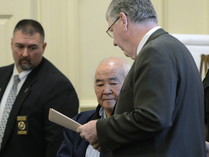 James Pak appears in York County Superior Court in Alfred Monday to face charges of fatally shooting Derrick Thompson, 19, and Alivia Welch, 18, who were his tenants. With Pak is his attorney Joel Vincent, right.