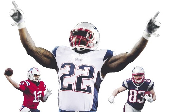 From left, Tom Brady, Stevan Ridley and Wes Walker