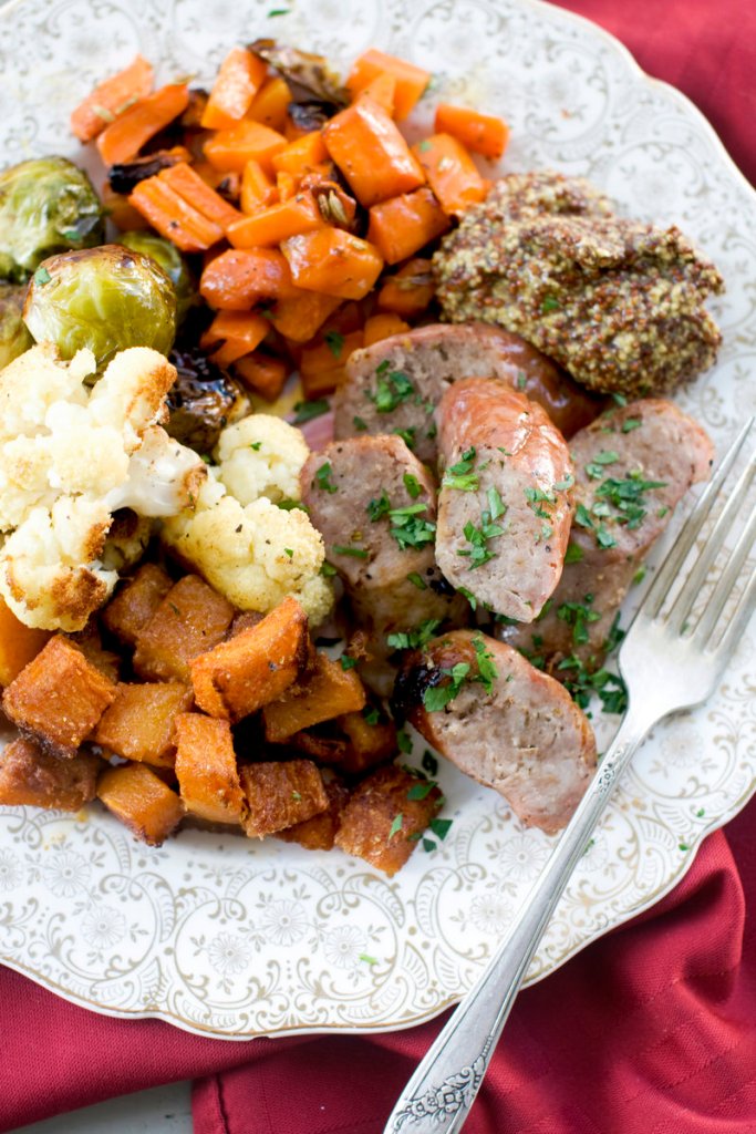 Roasted Cobb salad is a zippy blend of sausage and roasted vegetables including butternut squash and cauliflower.