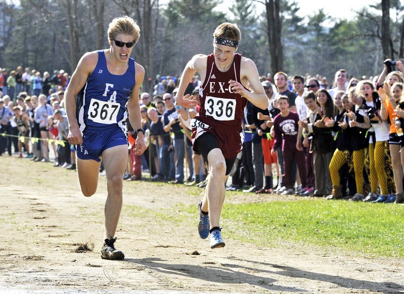 Dan Curts, right, of Ellsworth, ended Silas Eastman’s two-year reign as Class B cross country state champion, beating the Fryeburg Academy standout by four-hundredths of a second.