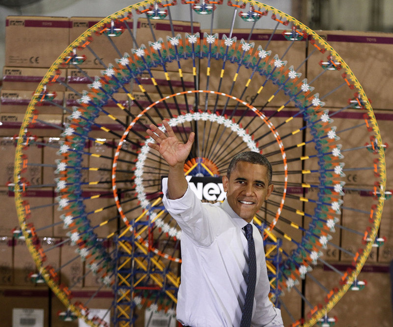 President Obama waves as he leaves after speaking at the K’Nex factory in Hatfield, Pa., on Friday. “In Washington, nothing’s easy, so there’s going to be some prolonged negotiations,” Obama said.