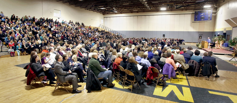 The Falmouth High School gymnasium is filled Saturday during the Celebration of Life for Kevin Grover, a Falmouth second-grade teacher and 2010 Teacher of the Year.