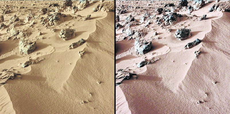 Images from Curiosity show a deposit dubbed “Rock Nest.” At left is the scene as it would appear on Mars, which has a dusty red-colored atmosphere. Image at right shows what the scene would look like under the lighting conditions on Earth.