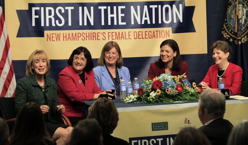 The five women holding New Hampshire's top political offices, from left, Gov.-elect Maggie Hassan, U.S. Reps.-elect Ann McLane Kuster and Carol Shea-Porter, and U.S. Sens. Kelly Ayotte and Jeanne Shaheen discuss what their lives are like as female politicians during a panel discussion Friday Dec. 7, 2012 at the Institute of Politics at Saint Anselm College in Manchester, N.H. (AP Photo/Jim Cole)
