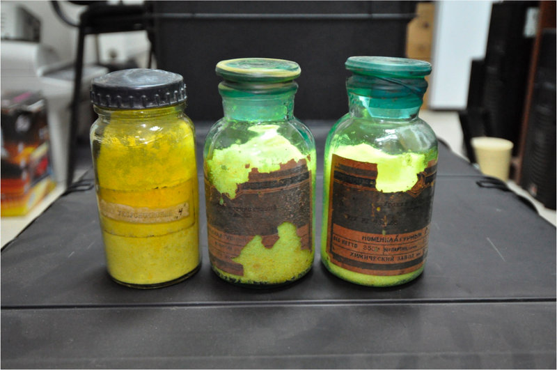 This photo from the Georgia Interior Ministry shows bottles containing yellowcake uranium, which police said was seized in Samtredia, Georgia, on April 5. The yellowcake can be enriched into bomb-grade material.