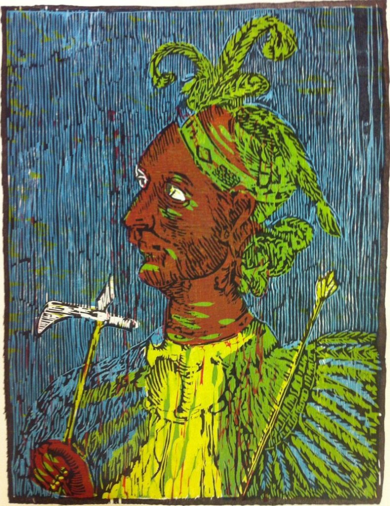 “Chlucco, The Long Warrior,” a four-color woodcut by David Wolfe, at June Fitzpatrick Gallery.