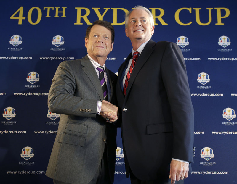 Tom Watson, left, poses with the PGA of America president, Ted Bishop, on Thursday in New York following the announcement that Watson will captain the 2014 U.S. Ryder Cup team in Scotland.