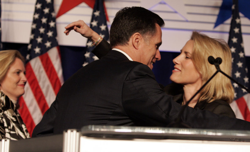 Republican Presidential candidate Mitt Romney gets a hug from Laura Ingraham in 2008.