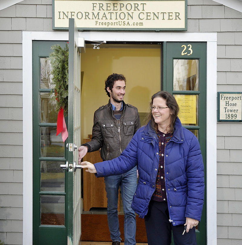 Jane Maguire-Tyce and Sylvain Gauliere, her daughter’s boyfriend who took the train from Boston, leave the Freeport Information Center on Wednesday.