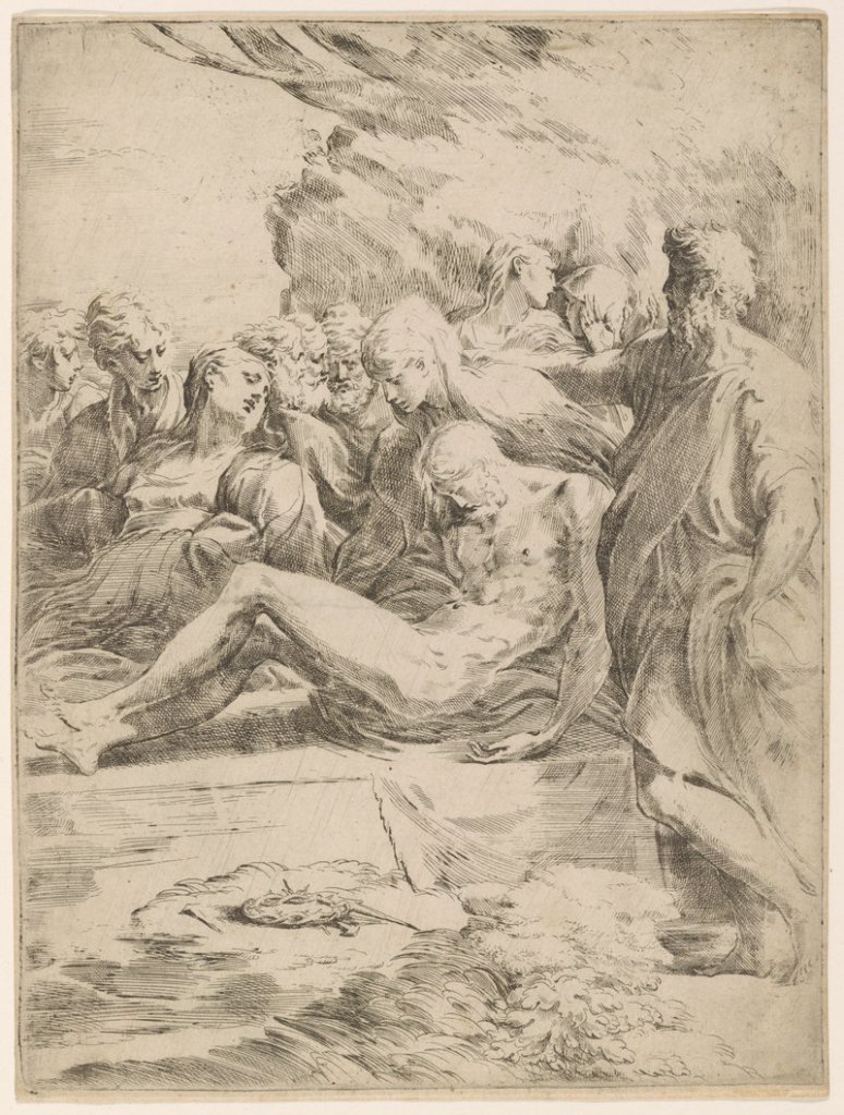 “The Entombment,” 16th-century etching by Italian artist Parmigiano.