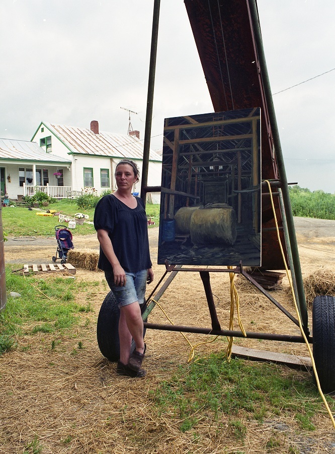 Artist Kate Barnes with a work in progress at Grassland Organic Farm in Skowhegan.