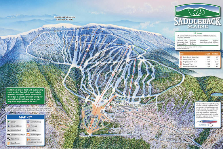 Saddleback ski area's trail map in 2012, showing new lifts, trails, and real estate developments added under the Berry family's ownership.