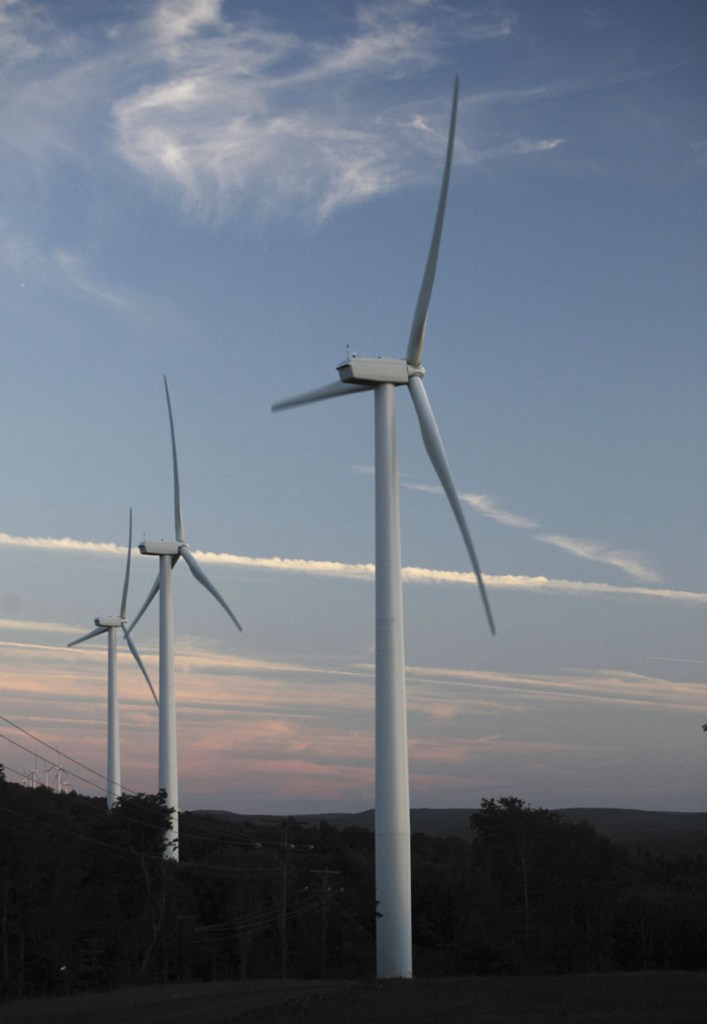 In this July 2009 file photo, wind turbines are seen on Stetson Mountain in Washington County.