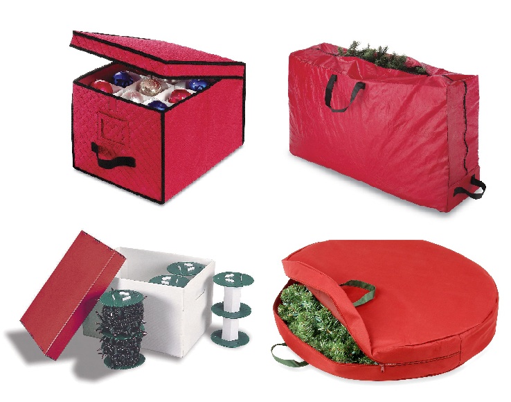 Storage containers for, clockwise from upper left, ornaments, artificial trees, wreaths and lights are available at retailers including Kohl’s. The items above range in price from $29.99 to $34.99.