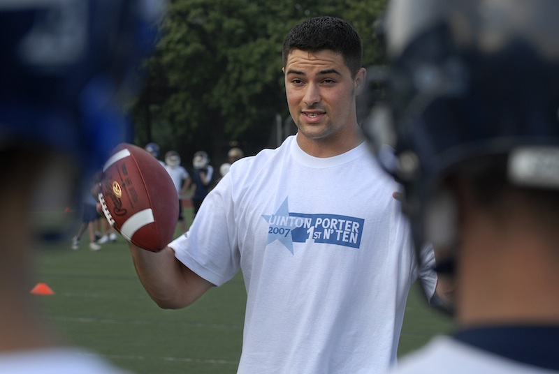 In this July 5, 2007 file photo, Quinton Porter, former Portland High QB standout and NFL backup, works with a summer football camp at Fitzpatrick Stadium in Portland. Porter signed signed a three-year contract with the Montreal Alouettes of the Canadian Football League on Monday, Jan. 22, 2012. Football
