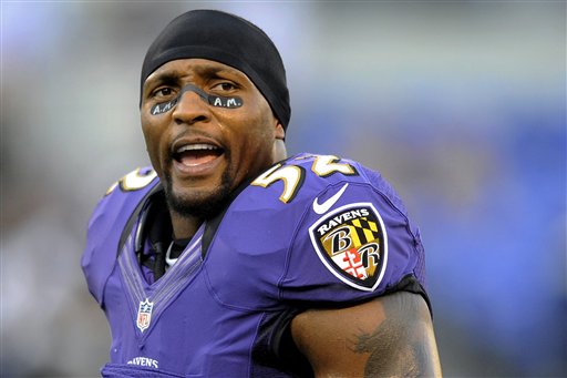 FILE - This Sept. 10, 2012 file photo shows Baltimore Ravens linebacker Ray Lewis wearing eye black showing the initials of former Ravens owner Art Modell before an NFL football game against the Cincinnati Bengals in Baltimore. Lewis will end his brilliant 17-year NFL career after the Ravens complete their 2013 playoff run. "I talked to my team today," Lewis said Wednesday, Jan. 2, 2013. "I talked to them about life in general. And everything that starts has an end. For me, today, I told my team that this will be my last ride." (AP Photo/Nick Wass, FIle)